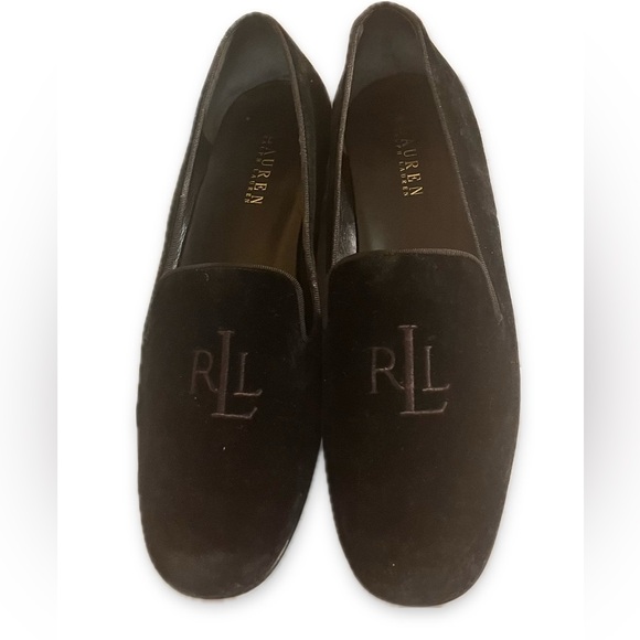 Ralph Lauren Black Velvet Loafers with 'RL' Monogram | Designer Slippers Sz 10B - Picture 1 of 5